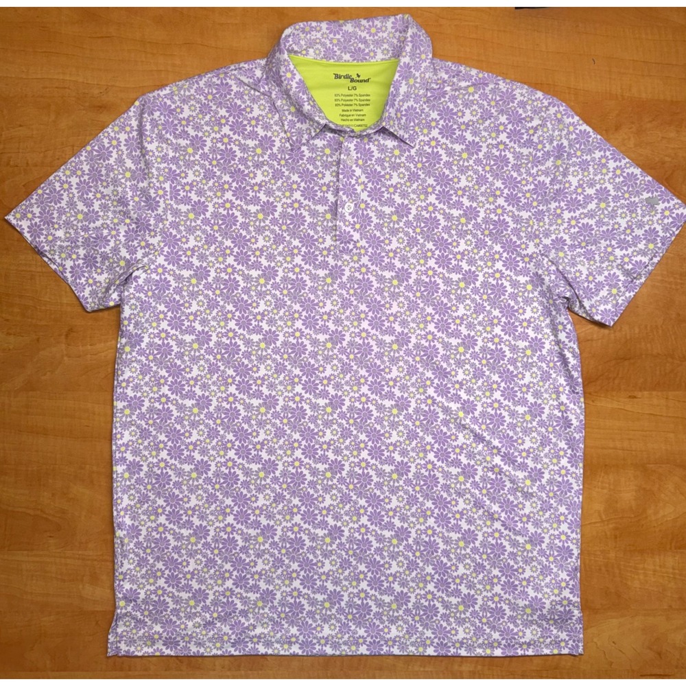 Birdie Bound Mens Large Purple Daisy Floral Performance Golf Polo Shirt L